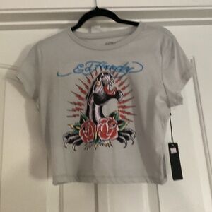 Ed Hardy Y2K Cropped Tiger Design Shirt, Size Large, Color Gray Multi Color NWT